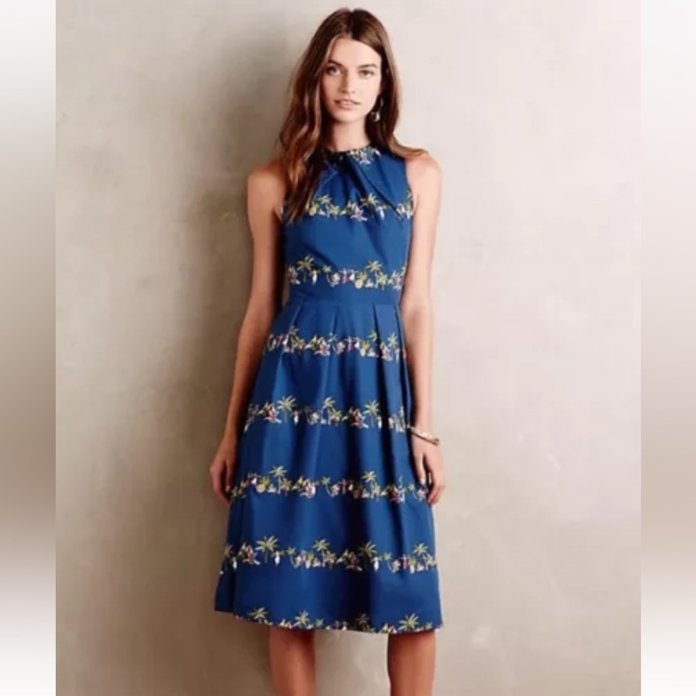 Rachel Antonoff Blue Hula Luau Girl Retro Pin-up Midi Dress size 6
